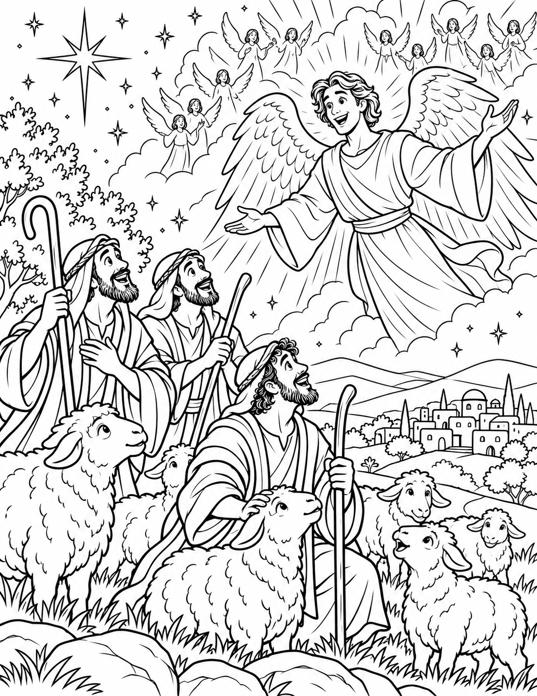 Shepherds and Angels — coloring page